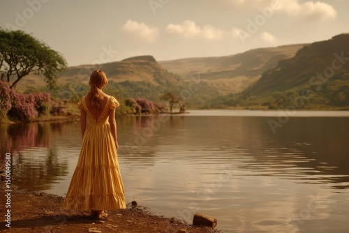 A lone woman in a golden dress stands by a serene lake with a backdrop of rolling hills, creating a peaceful and contemplative scene in the warm light of dusk. photo