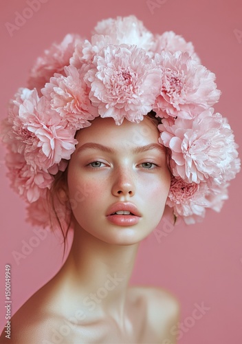Model With Floral Headpiece Posing in Front of Pink Background During a Creat...