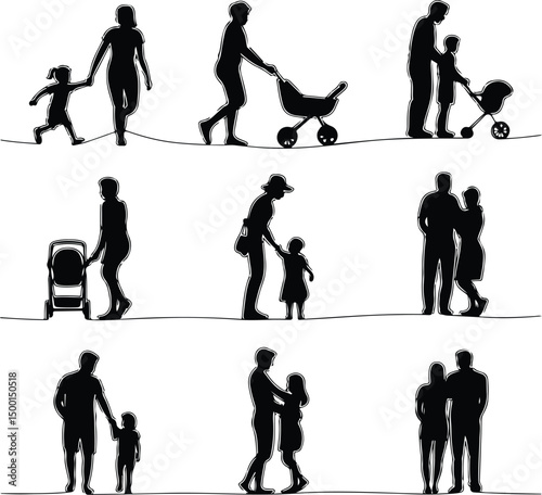 One Line Family Walking Silhouette – Minimalist Family Art Set amily Together Line Drawing – Continuous Silhouette Vector 