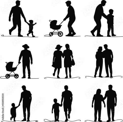 One Line Family Walking Silhouette – Minimalist Family Art Set amily Together Line Drawing – Continuous Silhouette Vector 