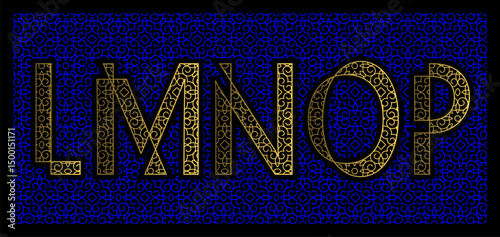 Luxurious golden ornamental letters L to P designed in uppercase format on a decorative blue patterned background. Vector style suitable for premium monograms and vintage visuals.