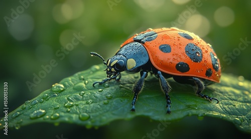 Close-up of a Ladybug Resting on a Dewy Green Leaf in a Vibrant Garden Settin...