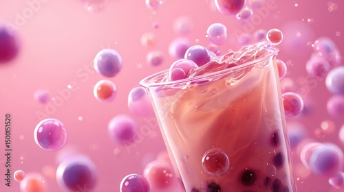 A surreal floating boba tea with colorful pearls