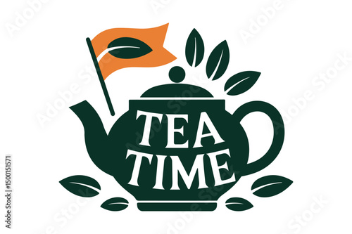Tea Time Teapot with Flag and Leaves Logo