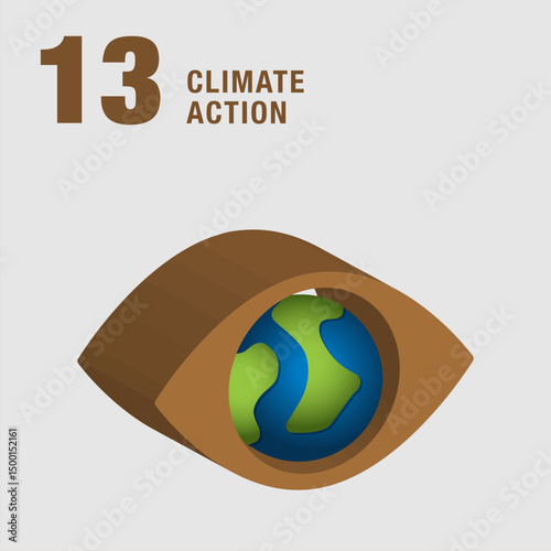 Climate Action 3d icon. Eye shaped earth composition symbolized smooth monitoring. Sustainable Development global goals concept for Non-Profit organizations. High quality 3D render.