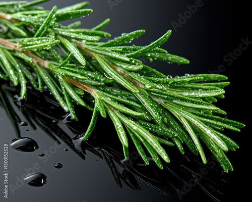 Rosemary sprig, fresh, glossy, with water drops on black