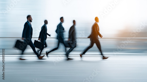 Busy pros on the go. Group of business people in suits walk quickly along a city street during a sunny morning, focused on their goals. photo