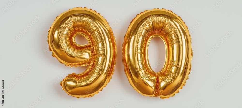 Elegant golden balloon numbers 90 on a minimalist white background Elegant golden balloon numbers 90 on a minimalist white background