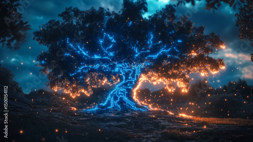 Circuit-patterned dusk tree. A surreal tree glows with blue and orange circuits against a twilight sky, illuminating the surrounding area.