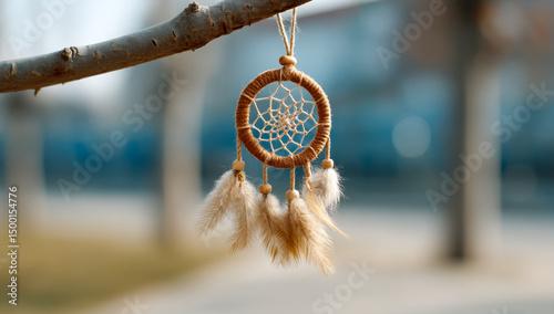 Dream catcher hanging from a tree branch. A handcrafted dream catcher dangles from a tree branch, softly swaying in the gentle breeze under clear skies.