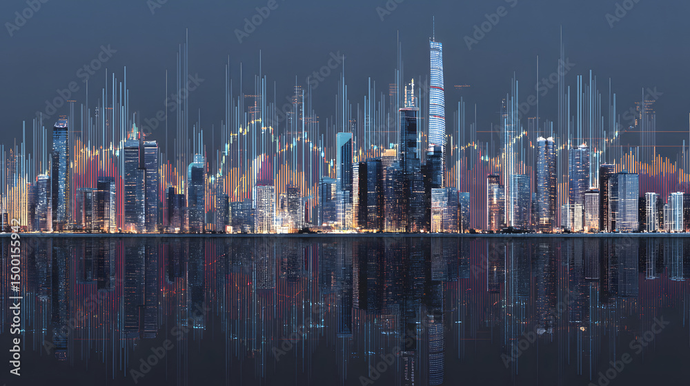 Fototapeta premium Dynamic skyline reflecting a vibrant cityscape with colorful data visualization overlays.