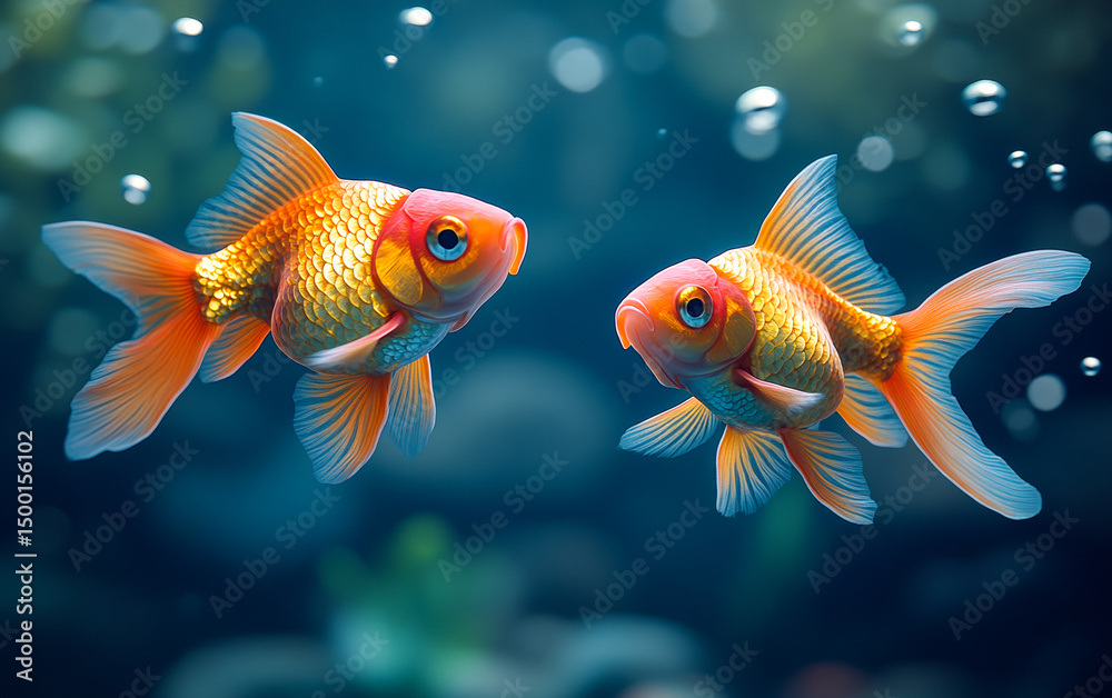 Fototapeta premium Vibrant goldfish in clear water. Two vibrant goldfish glide through clear water, surrounded by bubbles and a serene aquatic environment.