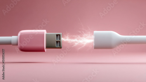 Power connection between USB cable ends. Two USB cable ends are connecting, creating sparks in a soft pink background, showcasing technology interaction.