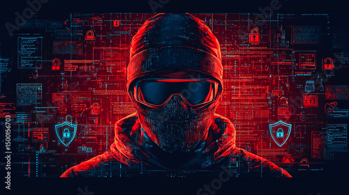 Cyber security in digital world. A person in a mask and goggles stands against a backdrop of glowing red data, representing cyber security and hacking.