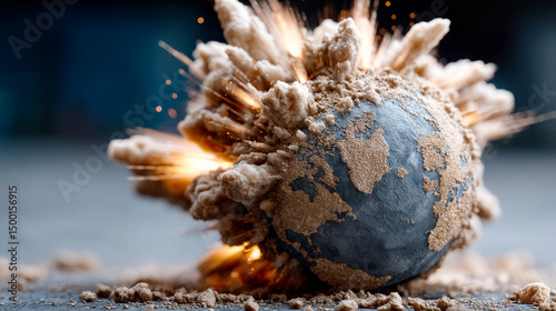 Explosive impact on a globe model. A globe model shatters dramatically with sparks and debris flying in the air, showcasing a powerful explosion effect.