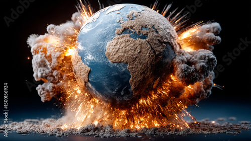 Earth's explosive destruction art. An artistic representation of Earth exploding with vibrant flames and smoke, symbolizing chaos and change.