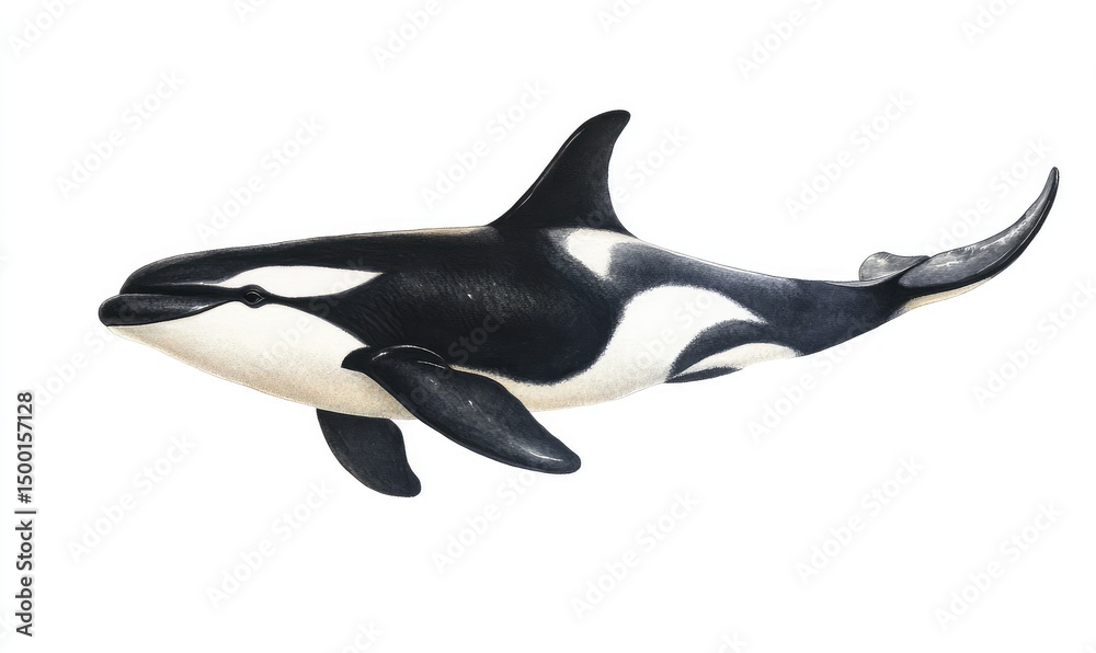 Obraz premium Playful orca swimming gracefully, watercolor style. AI generated illustration.