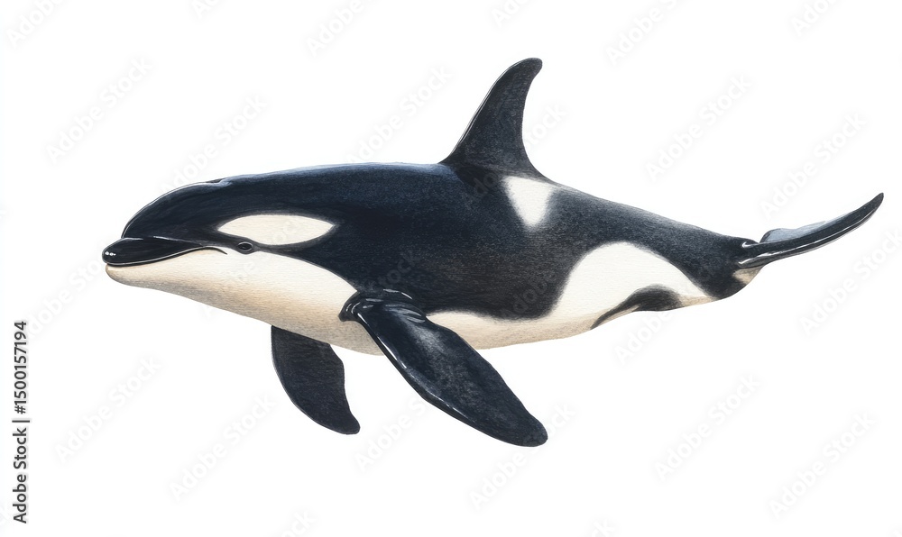 Obraz premium Playful orca swimming gracefully, watercolor style. AI generated illustration.