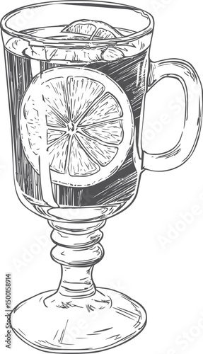 Vintage sketch of a glass mug with lemon slice and ice, black and white illustration. Vector illustration