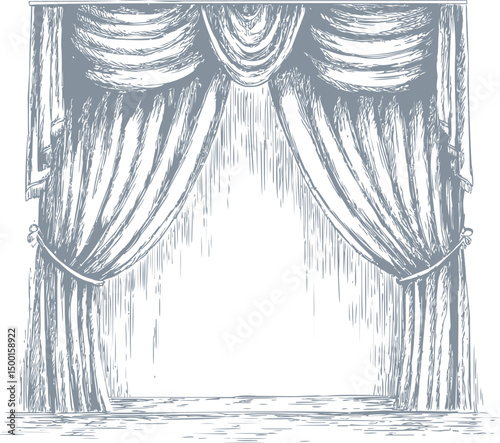 Vintage sketch of elegant theater curtains drawn open in soft grayscale. Vector illustration