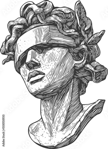 Classic bust sketch with blindfold in detailed black and white. Vector illustration