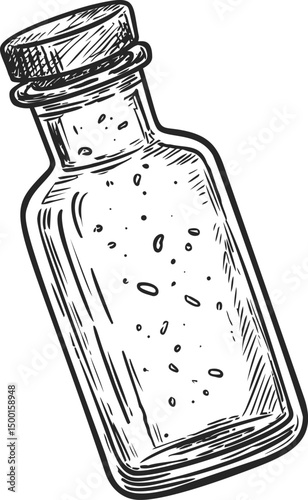 Hand-drawn sketch of a vintage glass bottle with cork stopper, empty inside. Vector illustration