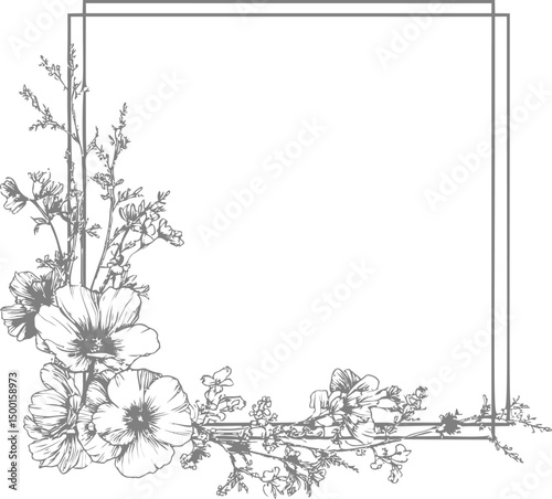 Elegant floral border with hibiscus and delicate branches in grayscale. Vector illustration