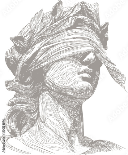 Classical blindfolded statue with laurel in sketch style, symbolizing justice. Vector illustration