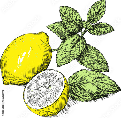 Yellow lemons with green leaves in detailed drawing of citrus fruit illustration. Vector illustration