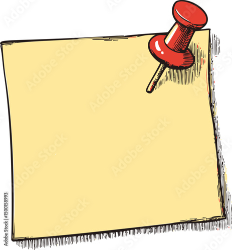 Yellow sticky note with red thumbtack. Vector illustration in sketch style