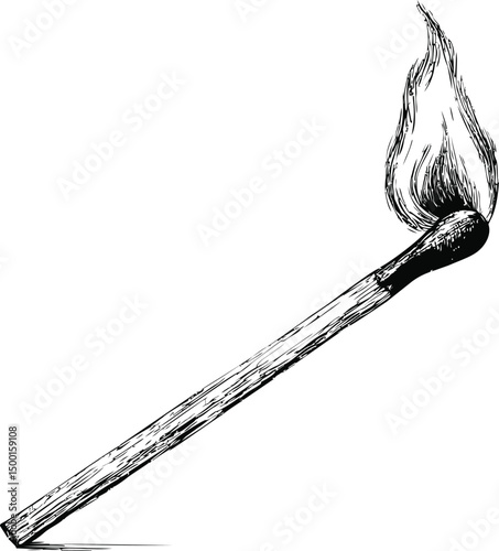 Hand-drawn illustration of a burning matchstick with a flame sketch. Vector illustration