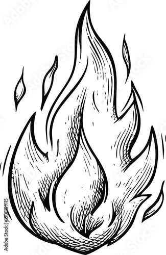 Hand-drawn black and white flame sketch with detailed lines and shapes. Vector illustration
