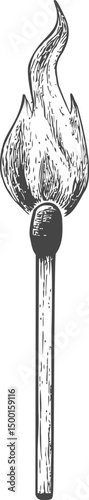 Hand-drawn black and white flaming matchstick in sketch style. Vector illustration