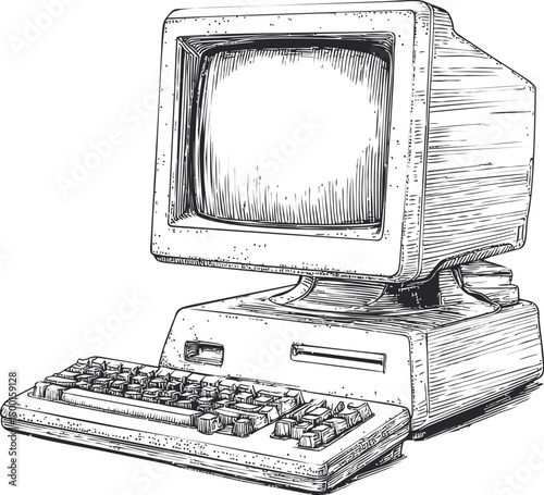 Illustrated vintage computer with keyboard, black and white retro design sketch. Vector illustration