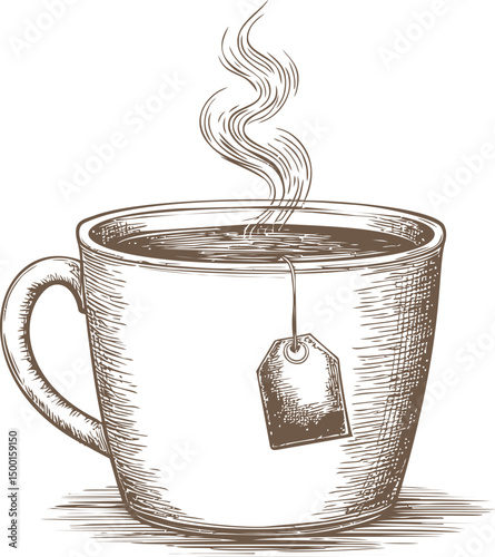 Steaming cup of tea with a tea bag in vintage sketch style. Vector illustration