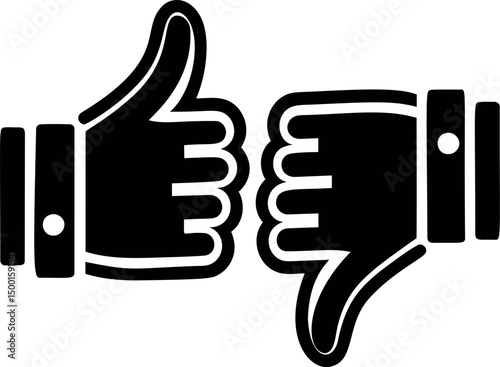 Black and white thumbs up and down symbols representing approval and disapproval. Vector illustration