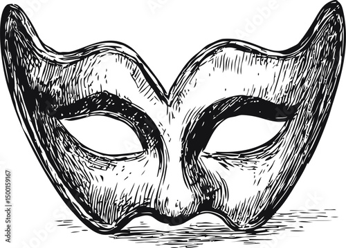 Intricately drawn black and white carnival mask sketch. Vector illustration
