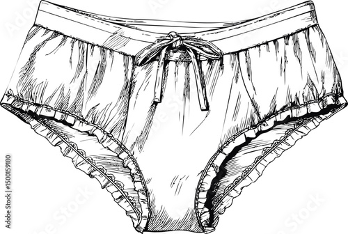 Detailed sketch of women's ruffled panties with a bow and intricate linework. Vector illustration