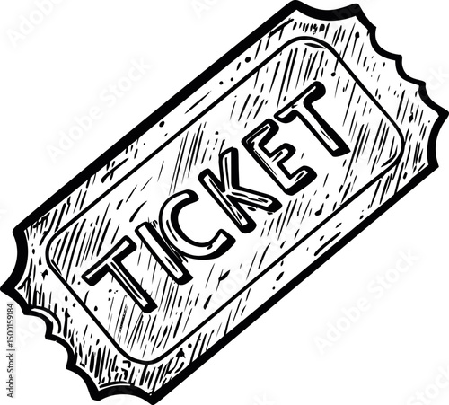 Illustrated black and white ticket with vintage design. Vector illustration in sketch style