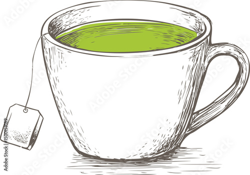 Illustration of a tea cup with green tea and a dangling tea bag sketch. Vector illustration