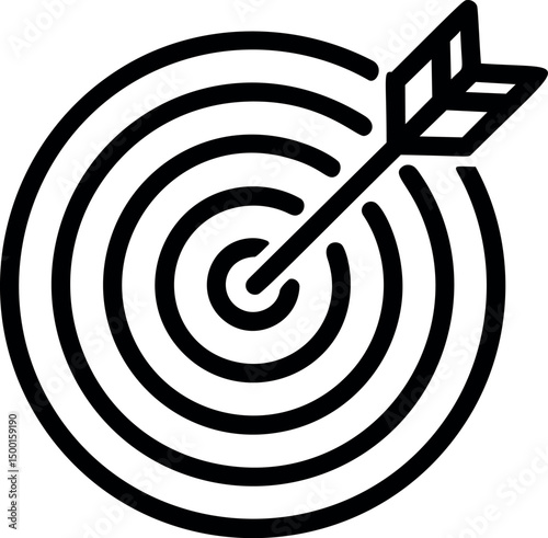 Black and white bullseye with arrow hitting center, symbolizing precision. Vector illustration