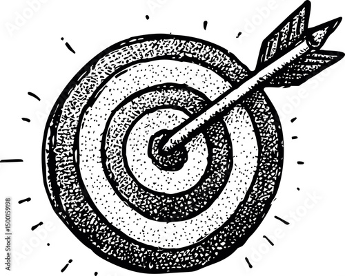 Sketch of an arrow hitting the bullseye on a target in monochrome style. Vector illustration