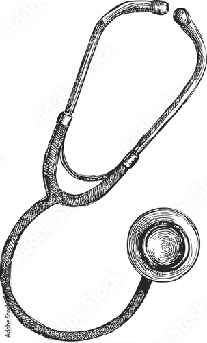 Hand-drawn black and white illustration of a stethoscope. Vector illustration