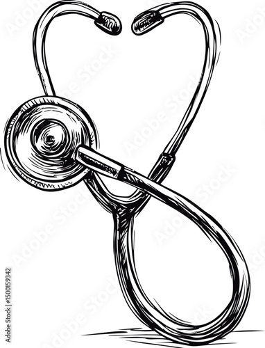 Black and white sketch of a stethoscope shaped like a heart, medical symbolism. Vector illustration