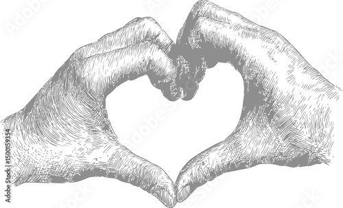 Realistic sketch of hands forming a heart symbolizing love and unity. Vector illustration