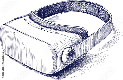 Sketch of virtual reality headset in blue ink with detailed lines. Vector illustration