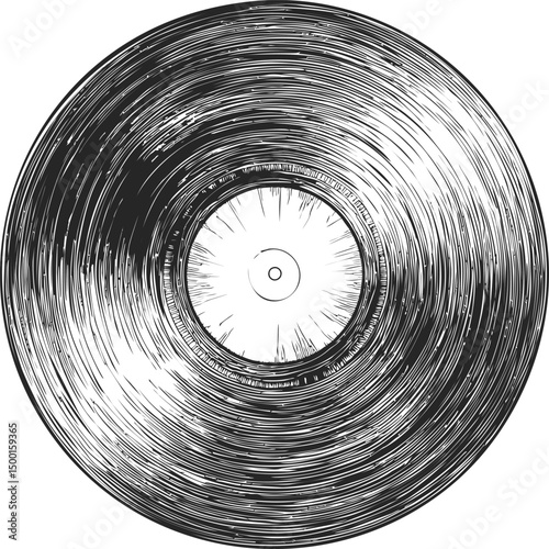 Detailed black and white sketch of a vinyl record with textured grooves. Vector illustration