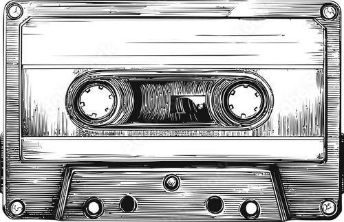 Vintage black and white illustration of a cassette tape in detailed sketch. Vector illustration