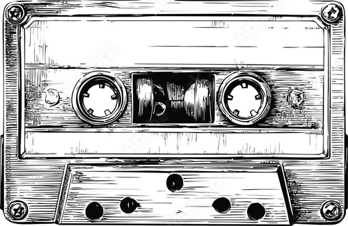 Black and white sketch of a retro cassette tape with intricate details. Vector illustration