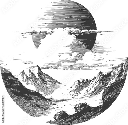 Monochrome illustration of mountains under a large moon with clouds. Vector illustration